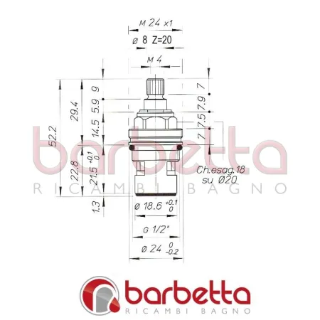 VITONE A DISCO CERAMICO 8x20 SINISTRO A 180° FILETTO SUP. 24X1