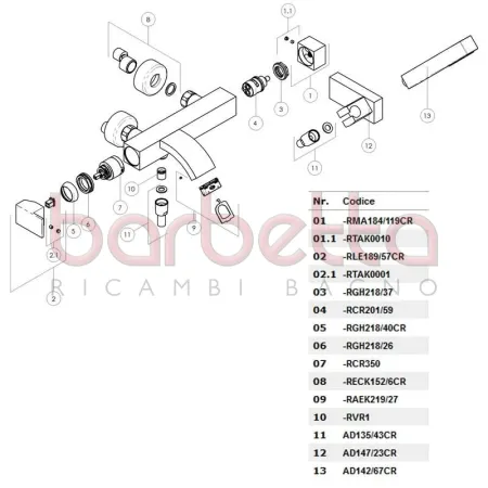 RICAMBIO MANIGLIA COMPLETA DEVIATORE GRUPPO VASCA SOLIDO CROMO NOBILI RMA184/119CR