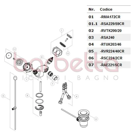 RICAMBIO ASTINA DI SCARICO CON POMOLO, NOTTOLINO CROMO NOBILI RVR224/40CR