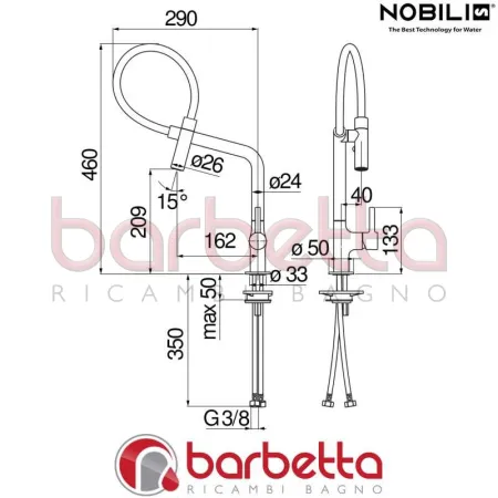 MISCELATORE LAVELLO CUCINA CON GUAINA ORIENTABILE CON DOCCETTA 2 GETTI SERIE LAMP NICKEL SPAZZOLATO NOBILI MP119400IX